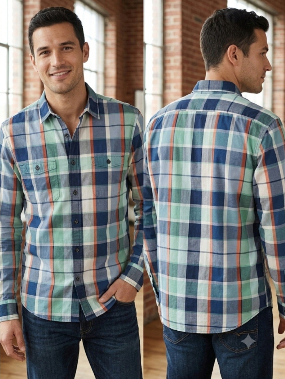 EXPRESS Men's Plaid Button Down Long Sleeve Shirt L/Blue Green White